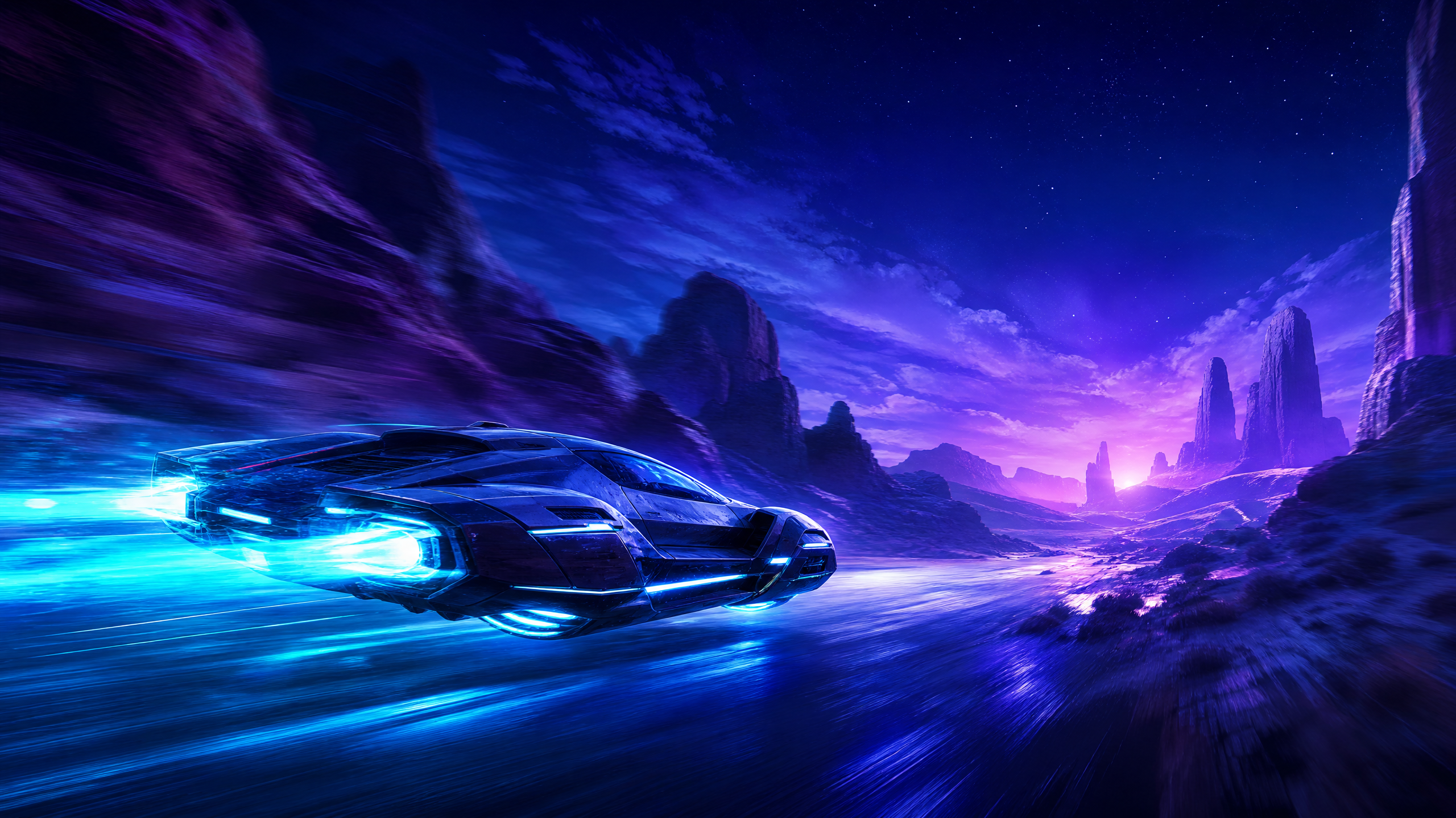 A futuristic racing vehicle in a neon canyon